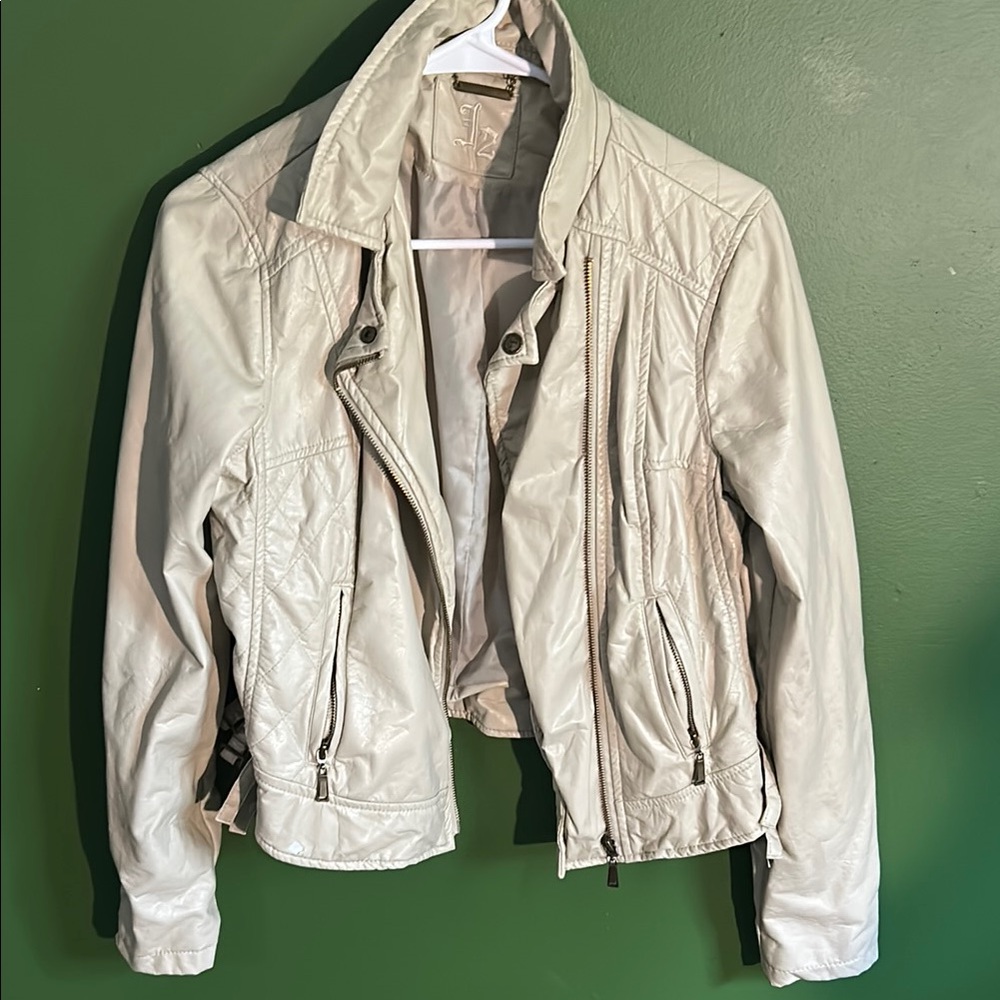 Cream Leather Moto Jacket with Fitted Silhouette